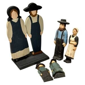 5 Piece Amish People Figurines Hand Painted Wood Resin Country Folk Art 1982
